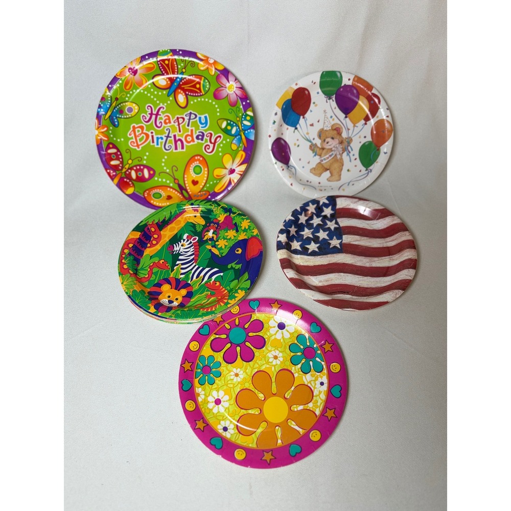 VTG Unique Party Paper Plates Birthday Safari Hippie American Flag LOT